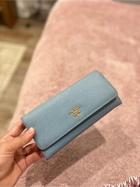 Prada Blue Saffiano Leather Continental Wallet with Gold Logo